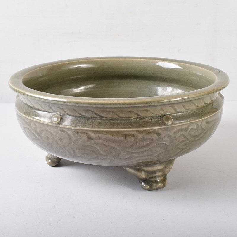 中国　龍泉窯　青磁　花文　三つ足大香炉　M　R8769