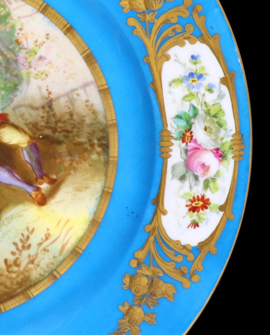 オールド・セーブル 1876年頃 青地色絵金彩男女図皿 ターコイズブルー 大型