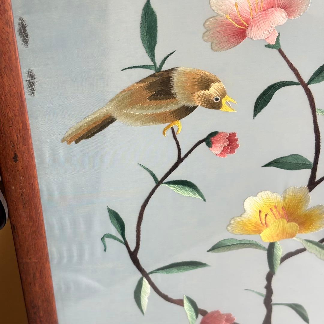 中国美術 中国刺繍 硯屏 両面刺繍 花鳥図