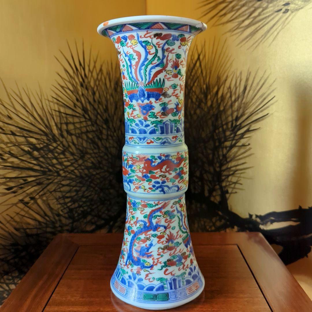 中国古美術　古玩　華道具　大明萬暦年製花器　花瓶　飾り壷　五彩色絵　雲龍鳳凰絵