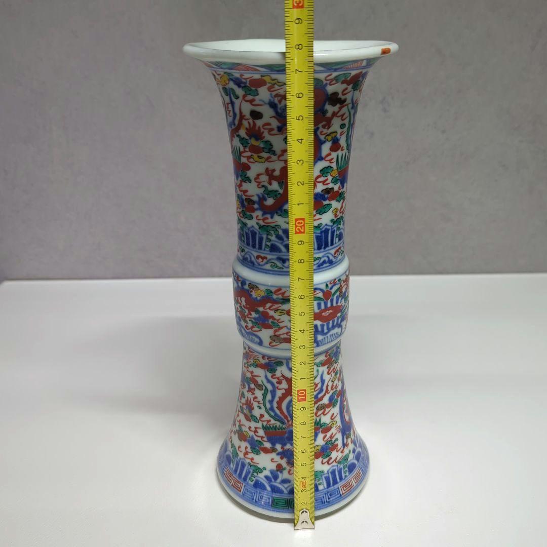 中国古美術　古玩　華道具　大明萬暦年製花器　花瓶　飾り壷　五彩色絵　雲龍鳳凰絵