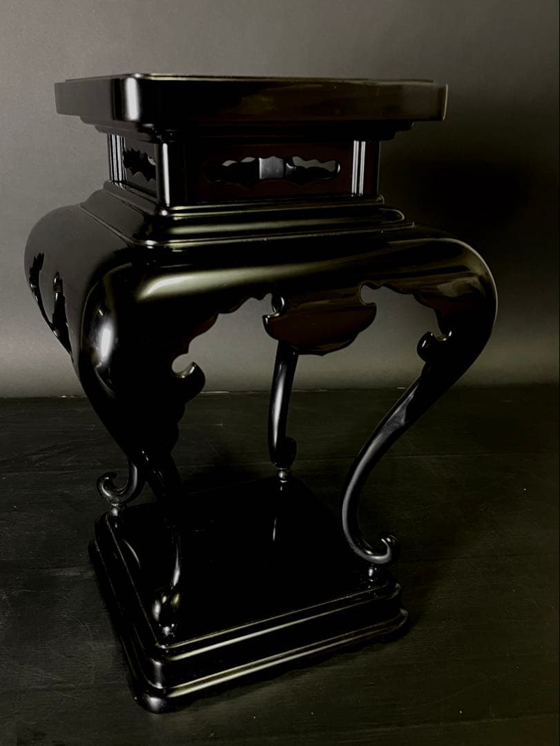 「母」 輪島塗 紫垣製 黒漆 高卓 香炉台 花台 共箱 （114F②）