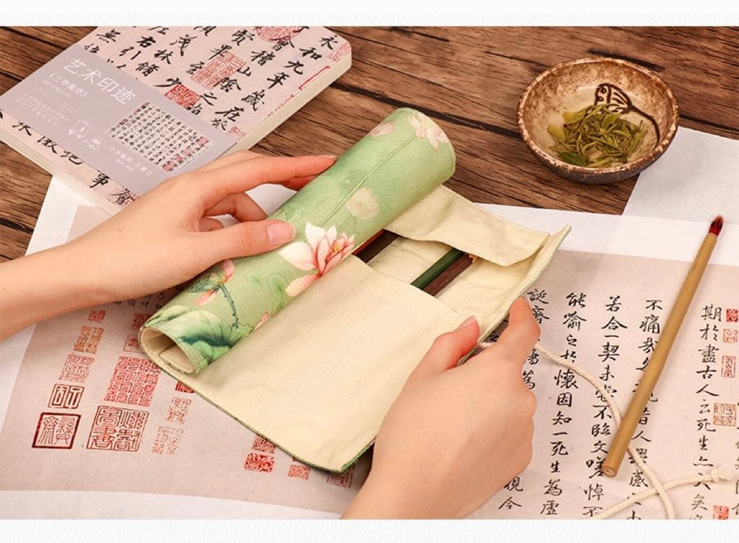 蓮ペンケース李朝シノワズリ漢服ロータス睡蓮書道硯墨絵画筆箱筆入れ収納台湾香港浴衣