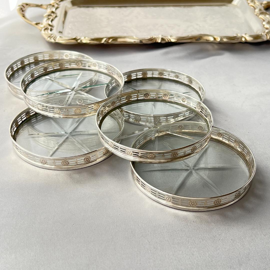 【WEBSTER】 フローラルのコースター 6枚【純銀/ガラス】 スターリング