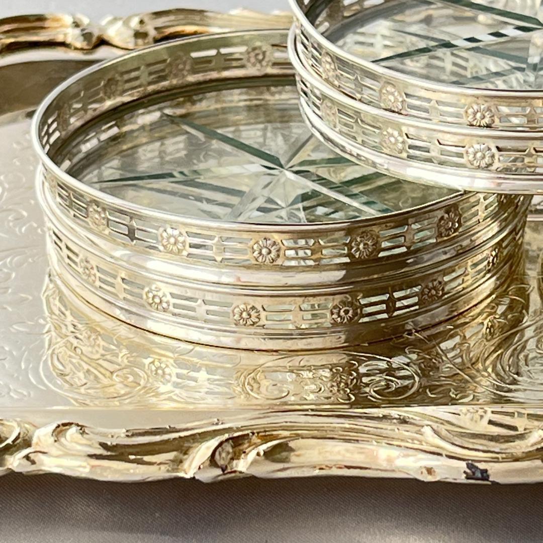 【WEBSTER】 フローラルのコースター 6枚【純銀/ガラス】 スターリング