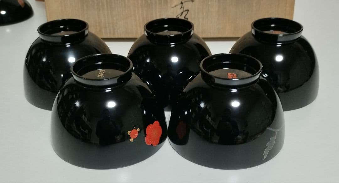 輪島塗　四君子蒔絵 遠山沈金　吸物椀　5客セット　角偉三郎など5人作家もの