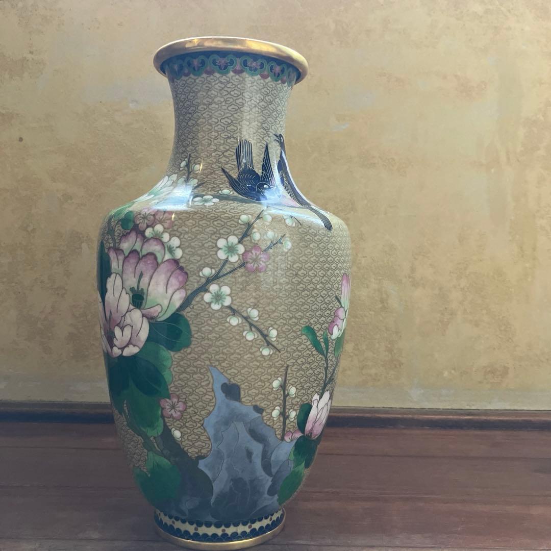 【専用】中国美術 七宝焼 金彩 花鳥図 梅に時鳥 大花瓶 花器 花詰 壺