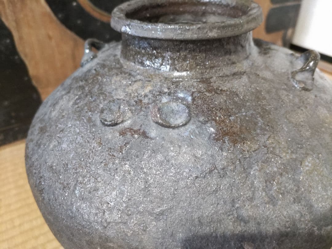 古唐津　叩き唐津　四耳壷　高26㎝　極薄作り1691ｇ