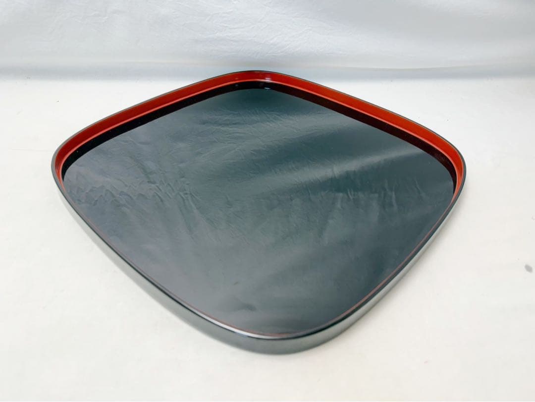 未使用 懐石道具 塗師 信斎作 木製 黒真塗胴張膳 内朱縁 十客揃 会席膳 共箱