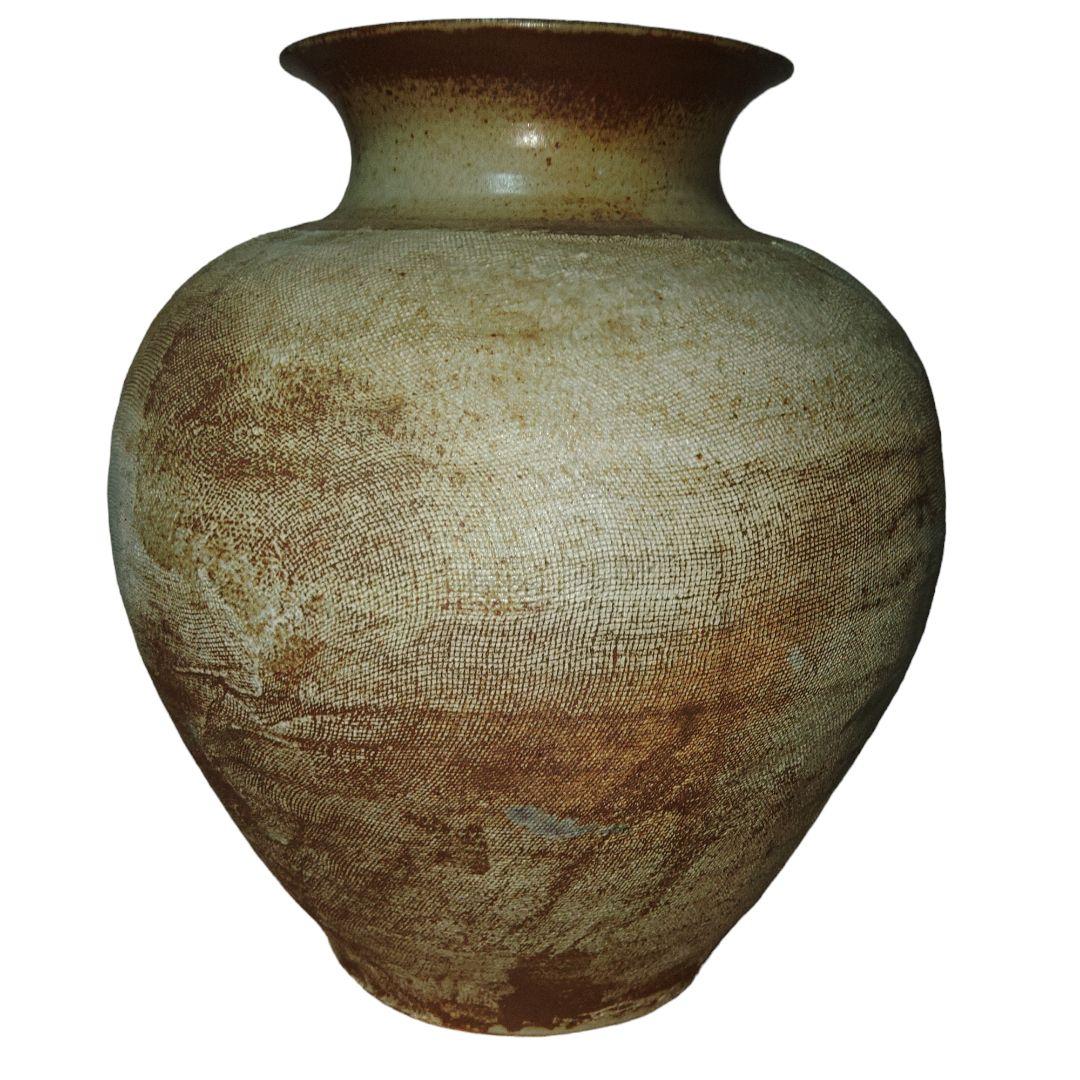 備前焼　梅野陶香（うめのとうか）　白備前布目梅文花瓶　共箱付