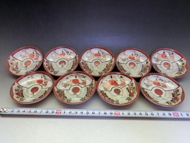 皿■九谷人物赤絵 9客 松梅 古九谷（江戸期）小皿 豆皿 古美術 時代物 骨董■