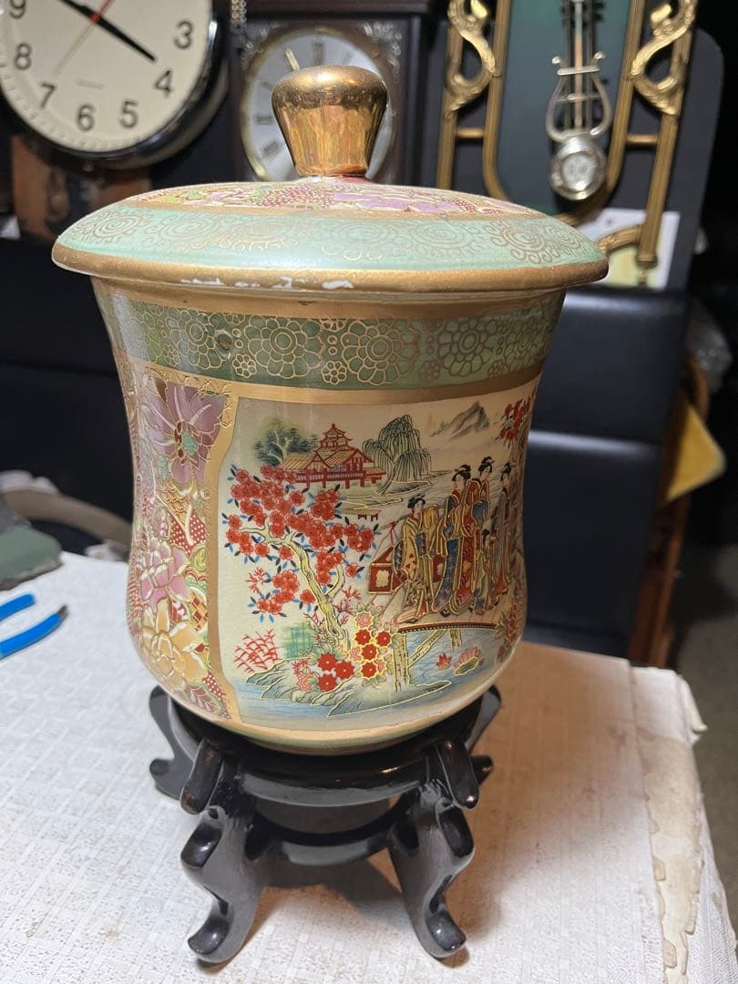 薩摩焼色絵美人桜図水差し 水差し、 九谷焼金彩色絵水差し、水差し、茶道具