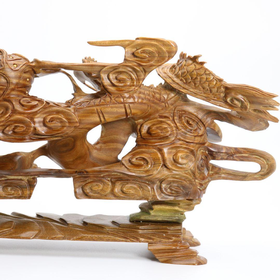 張 国良作　香木緑壇双龍如意宝珠　木彫　DO114