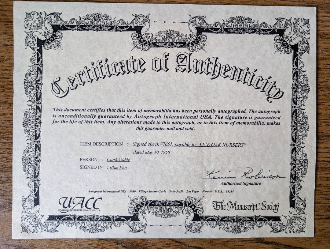 希少クラ−ク・ゲ−ブルの直筆シグニチャー入り小切手、写真等（証明書付き）