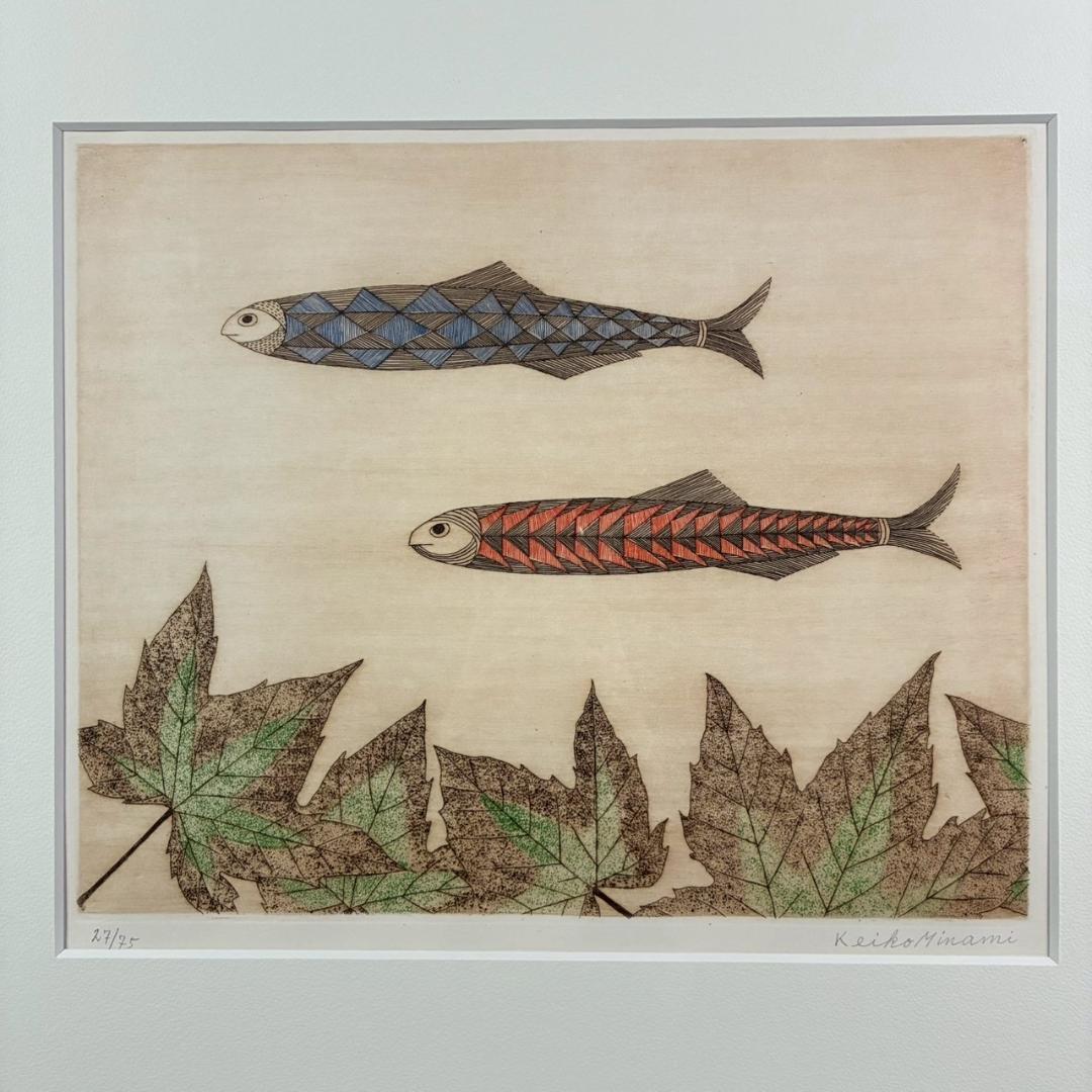 美品 南桂子「２匹の魚」カラーエッチング 銅版画 直筆サイン入 限定75点