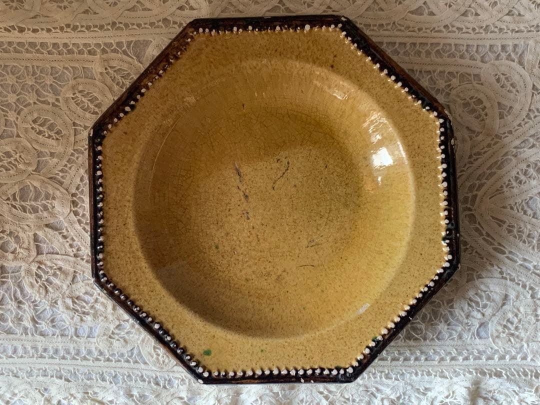 フランスアンティーク 南仏陶器 アプト焼 オクトゴナルプレート　深皿 黄釉