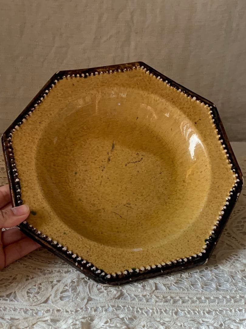 フランスアンティーク 南仏陶器 アプト焼 オクトゴナルプレート　深皿 黄釉