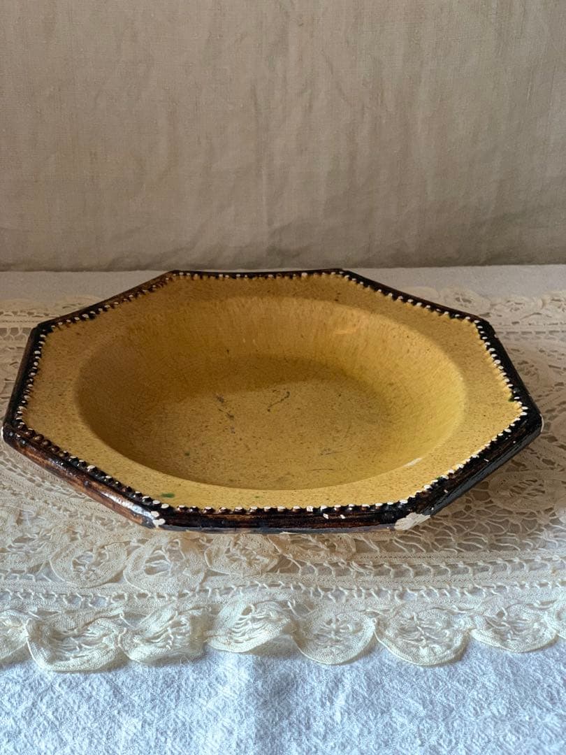 フランスアンティーク 南仏陶器 アプト焼 オクトゴナルプレート　深皿 黄釉