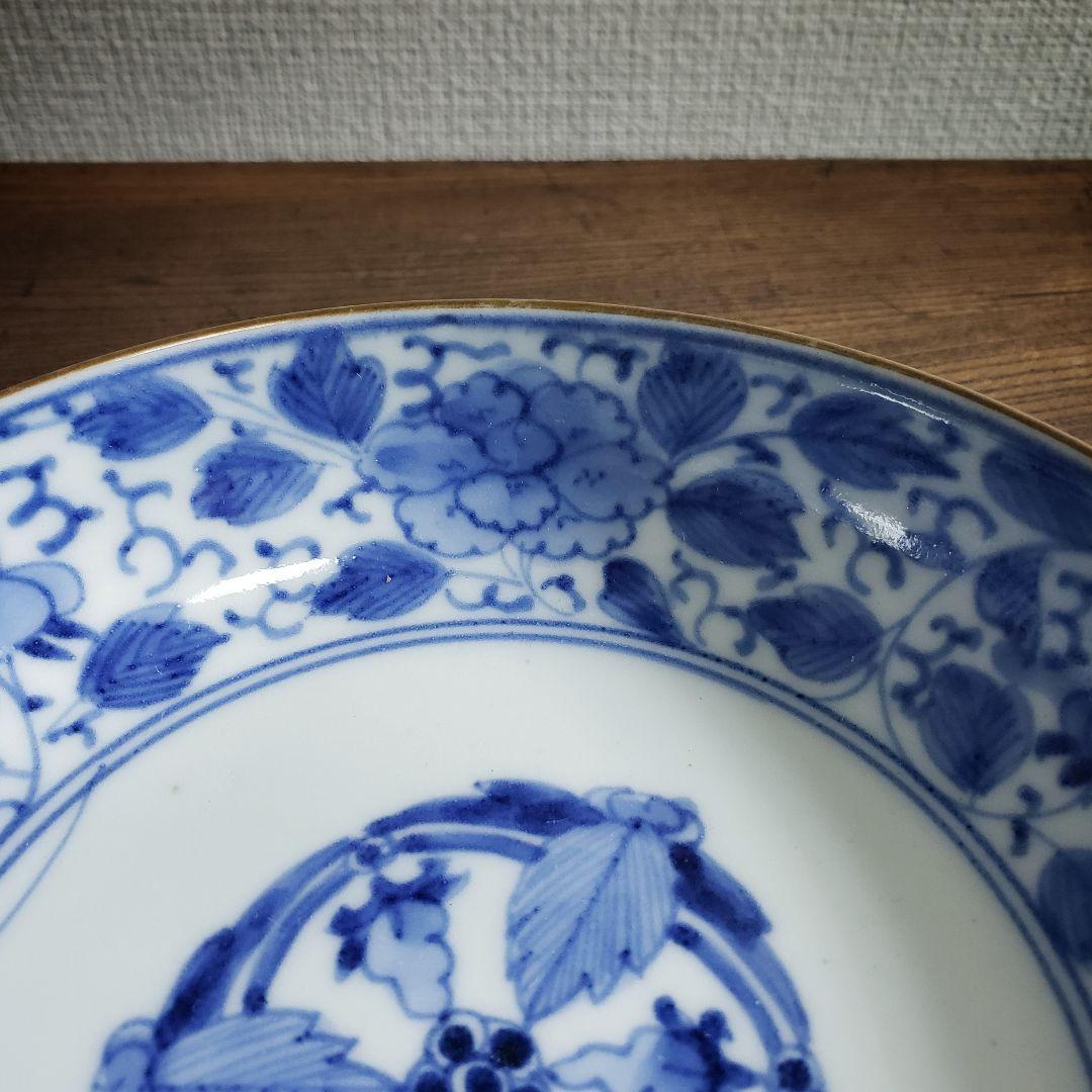 なます皿　古伊万里　染付　江戸　花唐草　五弁花　蛇の目　渦福　ロ号　訳あり