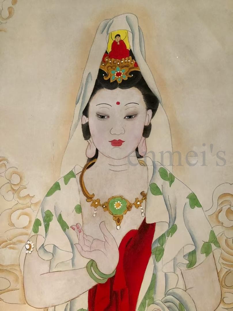 中国古美術・純手描き四尺観音菩薩掛軸・水彩画・張大千印款・珍品画・肉筆・文房置物