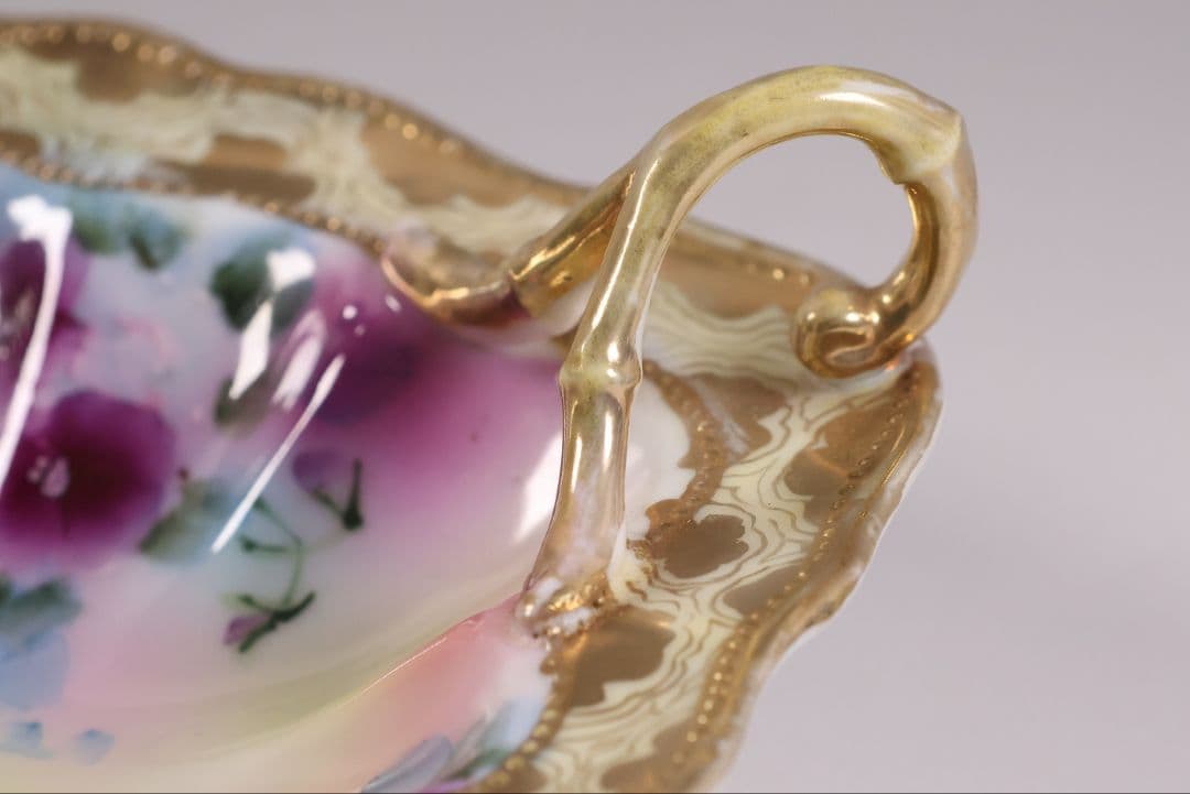 【CM297】オールドノリタケ 花 皿 薔薇 パンジー 金彩 イエロー 黄色