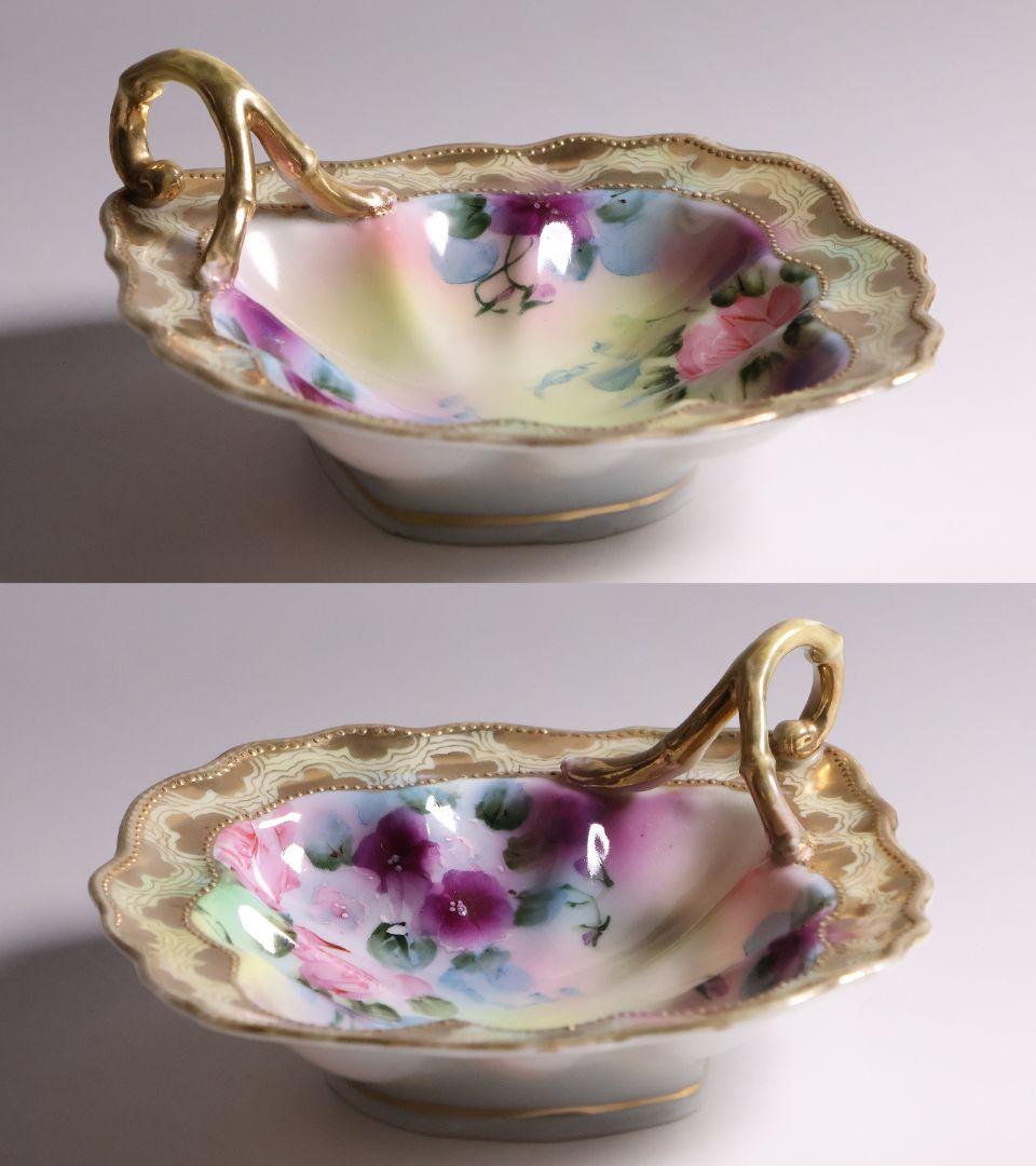 【CM297】オールドノリタケ 花 皿 薔薇 パンジー 金彩 イエロー 黄色