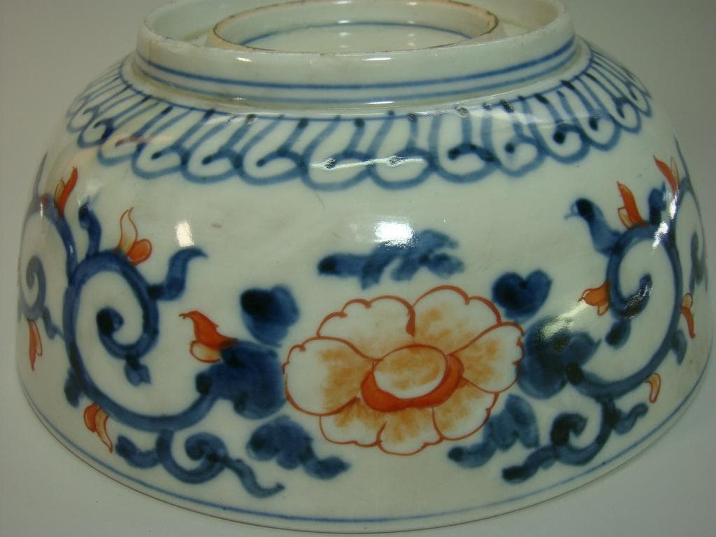 鉢■古い花唐草紋赤絵染付 青海波 五重塔 三つ鉢 時代物 骨董品（江戸後期）■