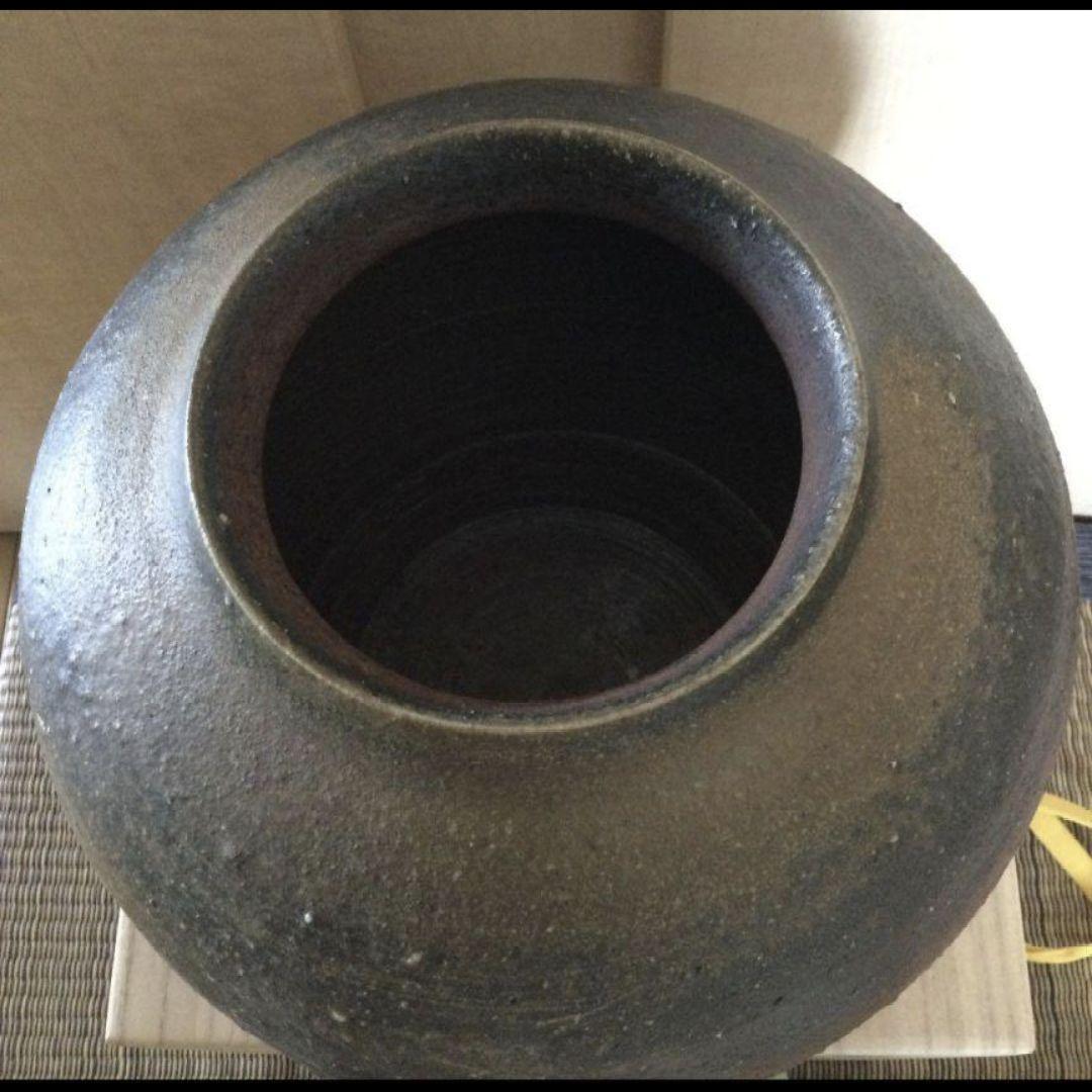 1・新品未使用　備前焼　花瓶 共箱　的野求　まる壺　木箱入り　夕立受窯　陶歴