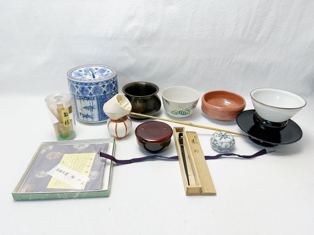 未使用 茶道具 旅箪笥 桐木地 茶器十四点揃 利休好写 茶箱 天目台 等元箱