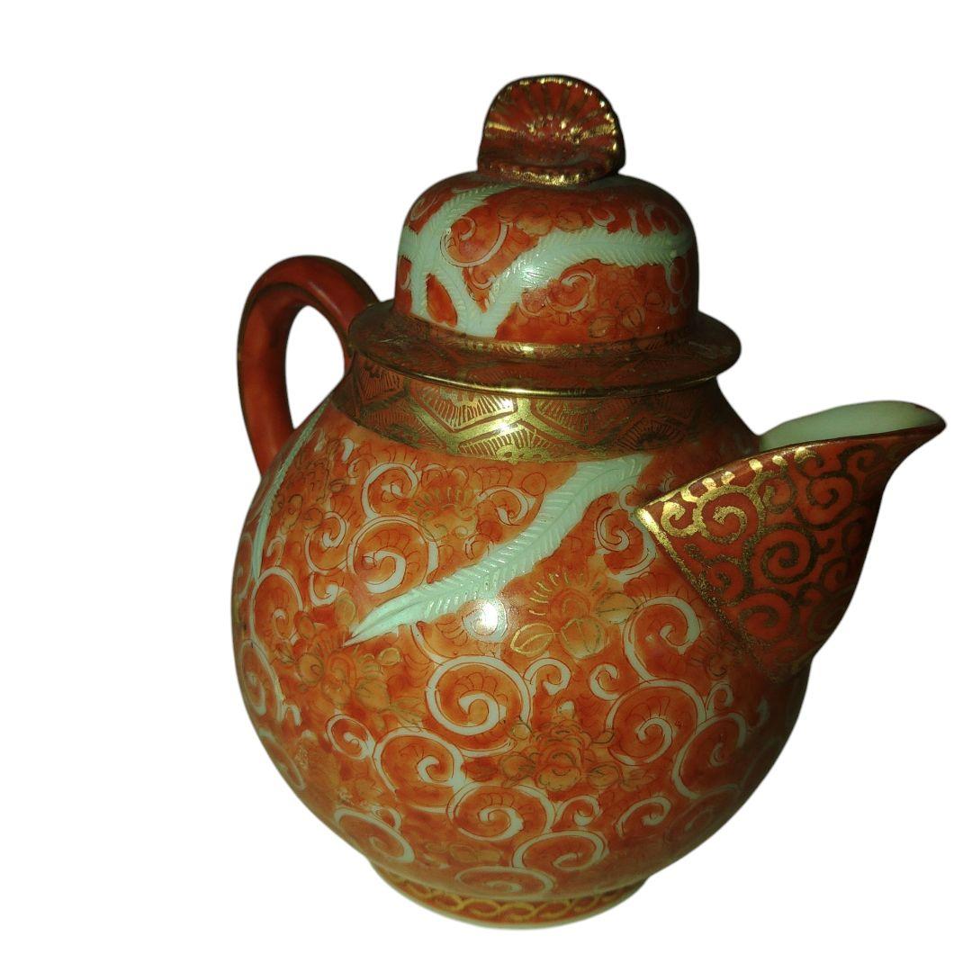 明治美術　横浜　日光造　加藤湖三郎　 金彩鳳凰唐草紋図 赤絵急須