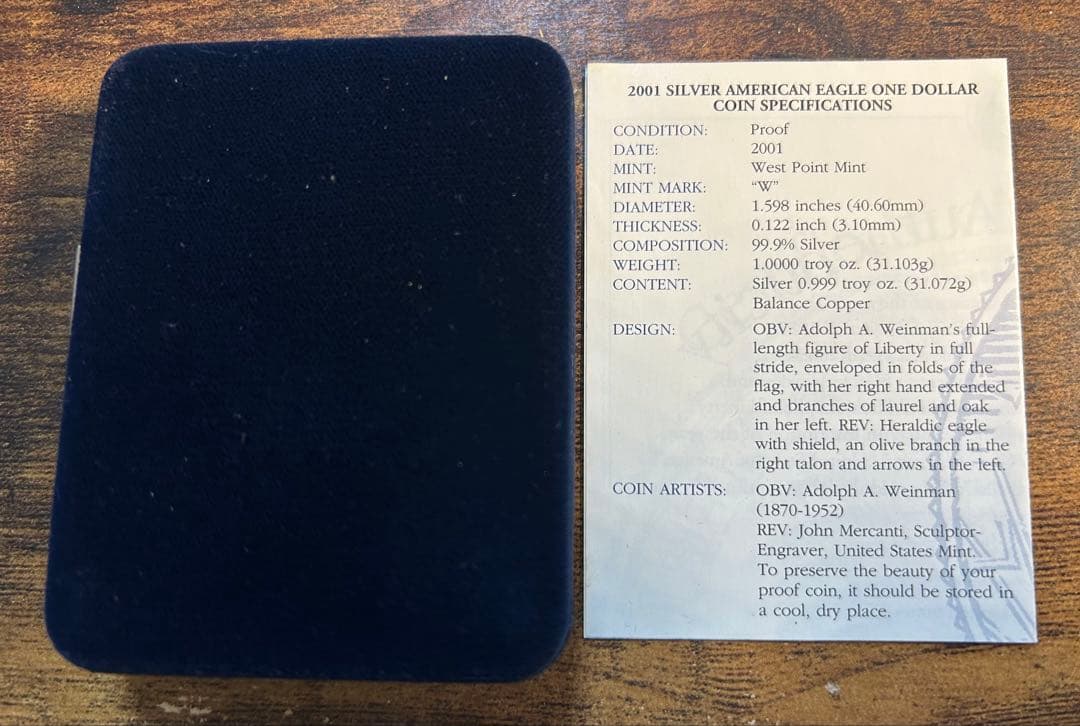 【超美品・付属完備】2001年 アメリカンイーグル銀貨 プルーフ 1oz 純銀