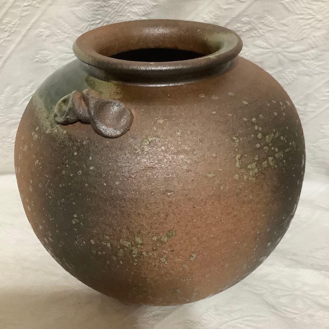 【新品　未使用】　信楽焼　「明山作」　花瓶　大型　取手茶道具　桐箱入り