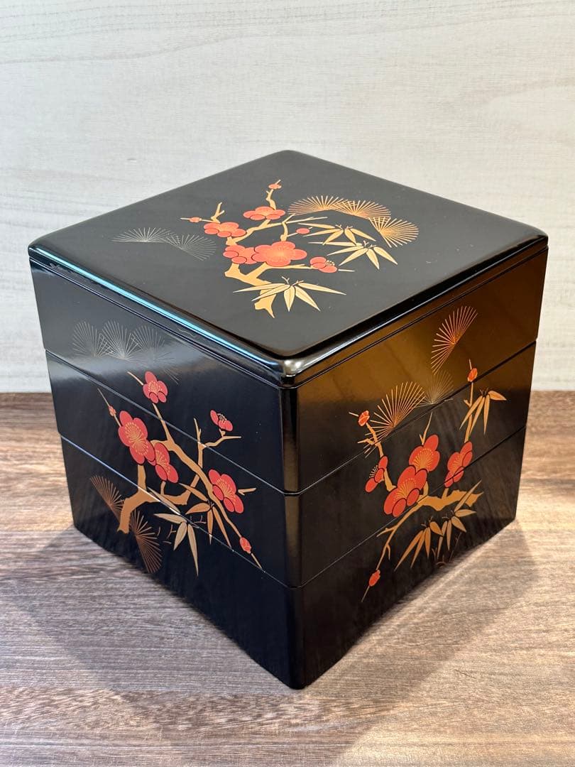 【未使用】会津塗 木製漆器 重箱 3段 松竹梅柄