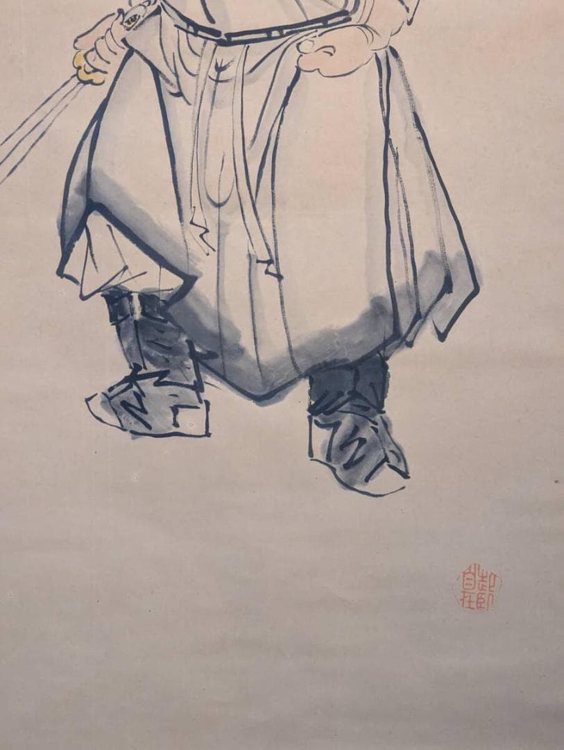 【真作】掛軸　魔除けの武神像　勇壮なる鍾馗図　墨彩一幅　　U160