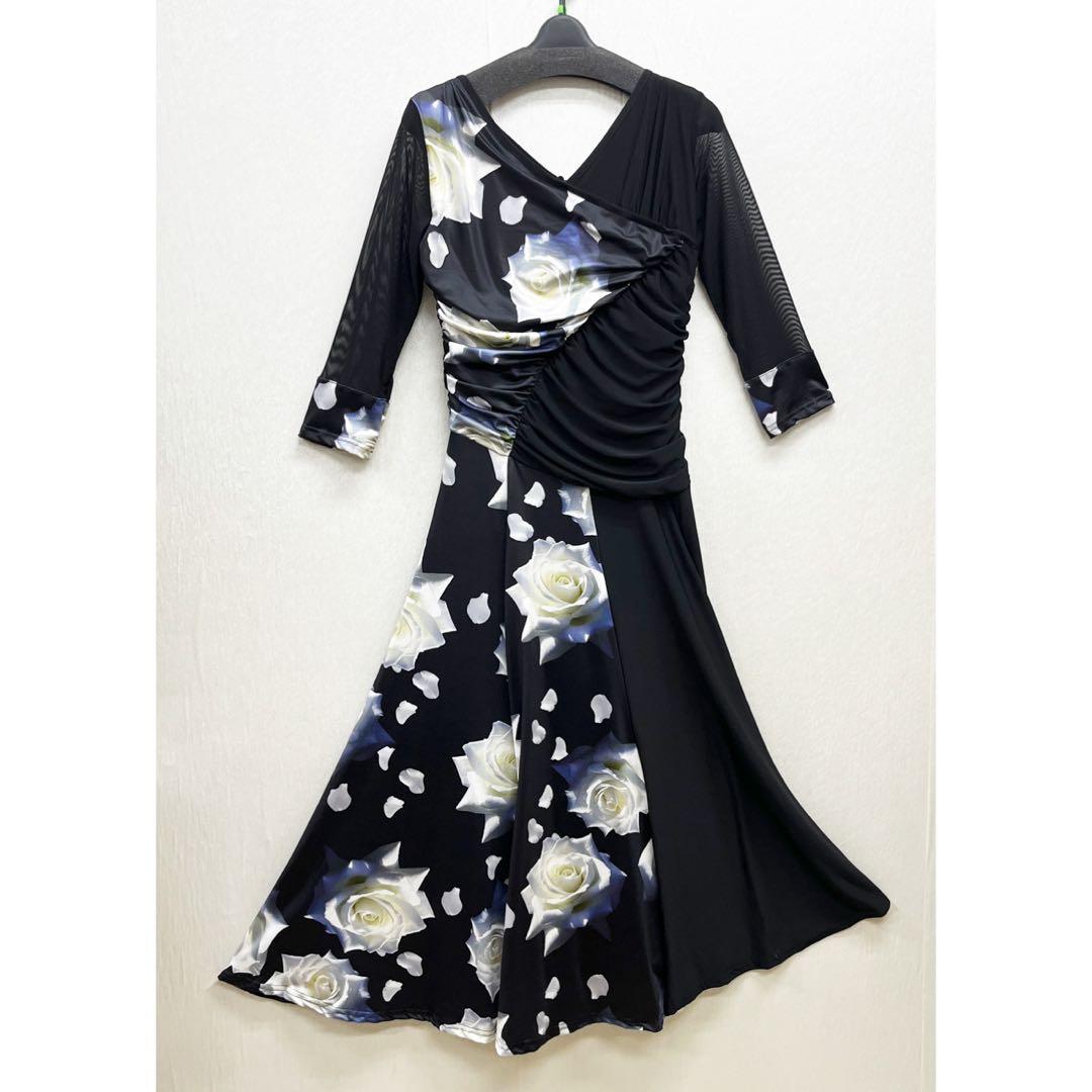 新品 社交ダンス ワンピース ブラック バラ柄　プリント サイズML