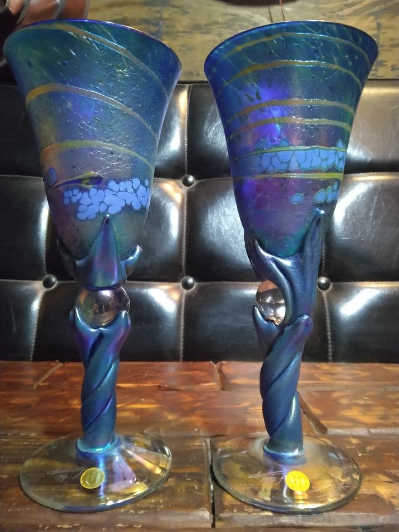 一点物　コリン・ヒーニー　ゴブレット　2個　アート　グラス　吹きガラス　サイン