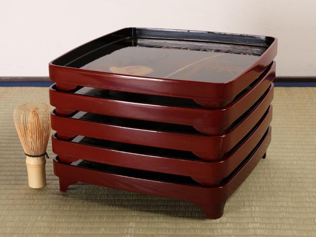 木製漆器 竹鶏蒔絵 吸物膳 五客 溜塗 黒塗 足付 四方膳 茶懐石 CM387