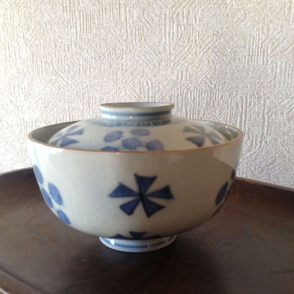 古伊万里染付幾何学花文蓋付き茶碗蕎麦猪口江戸時代