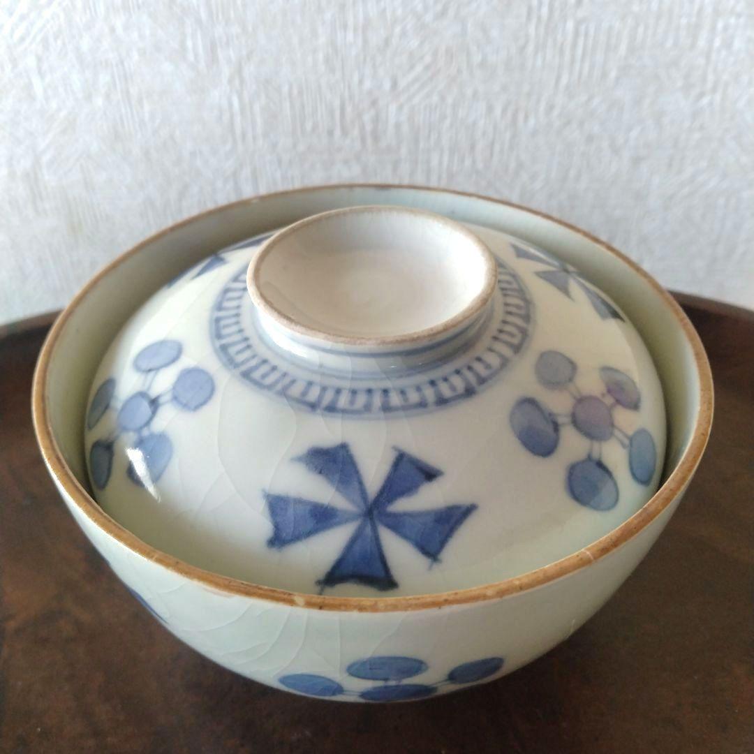 古伊万里染付幾何学花文蓋付き茶碗蕎麦猪口江戸時代