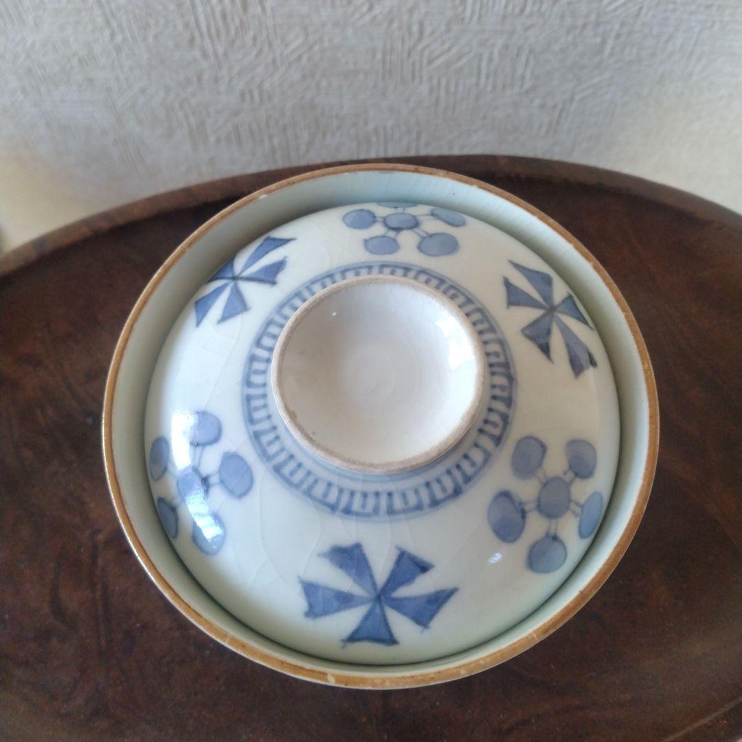 古伊万里染付幾何学花文蓋付き茶碗蕎麦猪口江戸時代