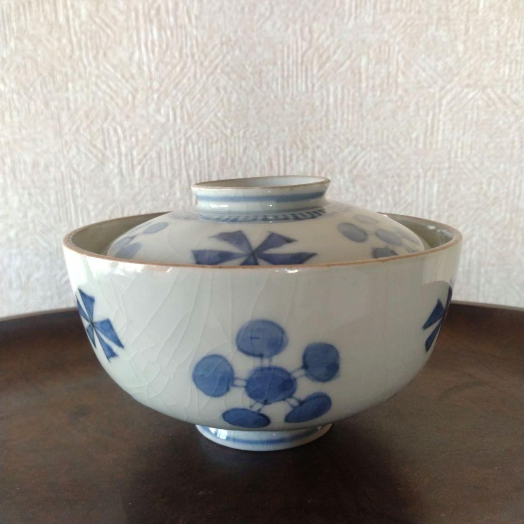 古伊万里染付幾何学花文蓋付き茶碗蕎麦猪口江戸時代