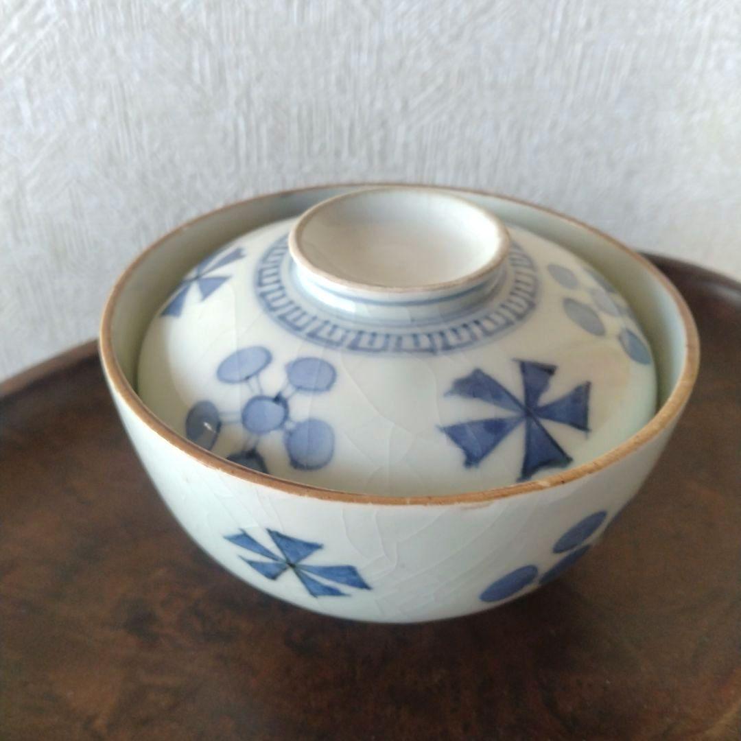 古伊万里染付幾何学花文蓋付き茶碗蕎麦猪口江戸時代