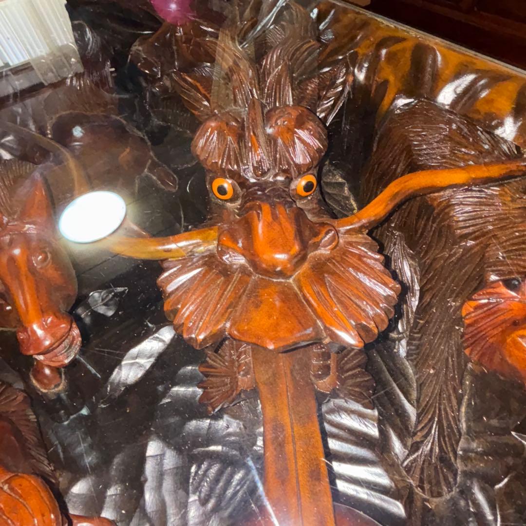 中国美術　木彫　彫刻　座卓　一枚板　テーブル