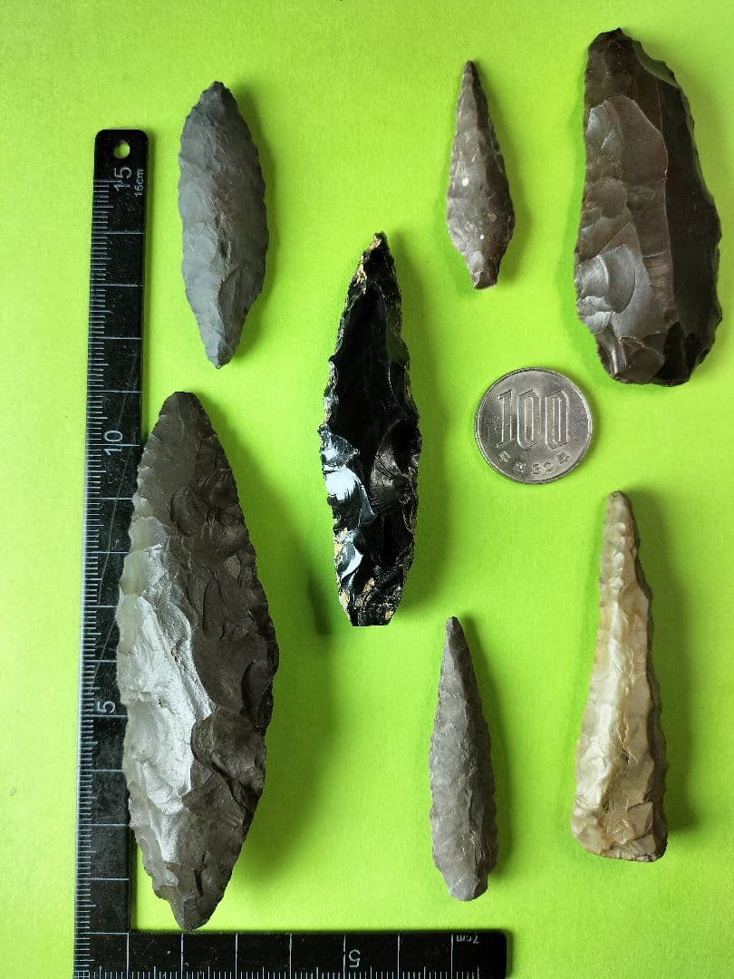 石器セット 出土品 (石槍、石錐、石篦、他計7点) 硬質頁岩(チャート)含む！
