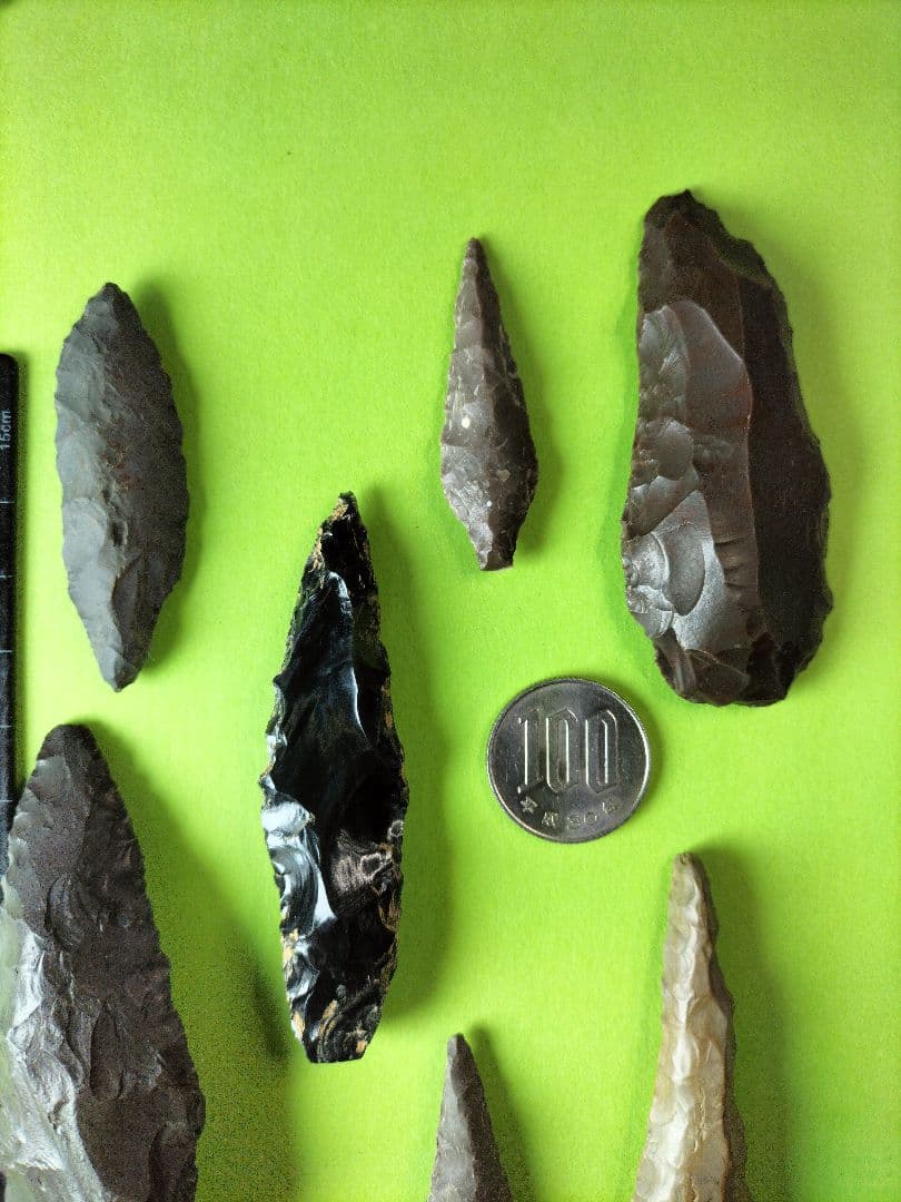 石器セット 出土品 (石槍、石錐、石篦、他計7点) 硬質頁岩(チャート)含む！