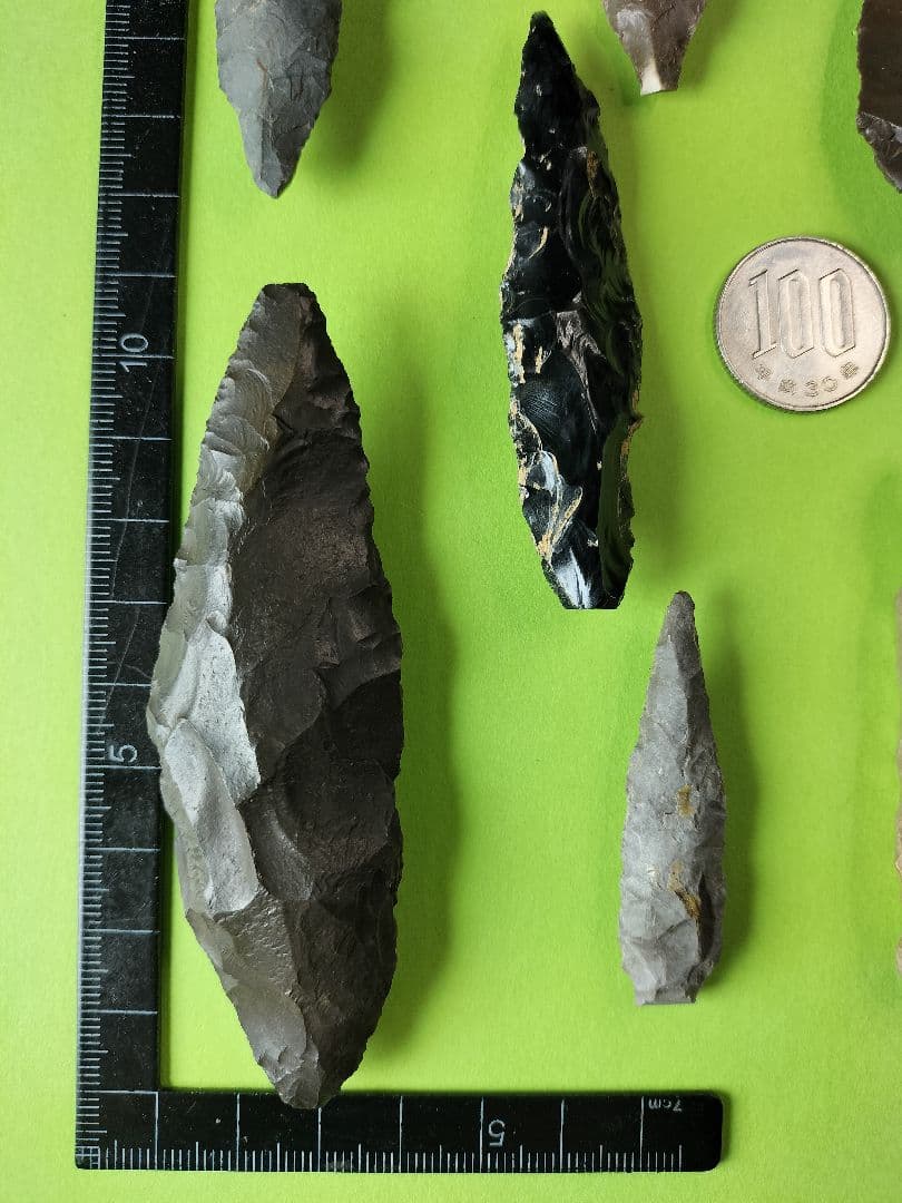 石器セット 出土品 (石槍、石錐、石篦、他計7点) 硬質頁岩(チャート)含む！