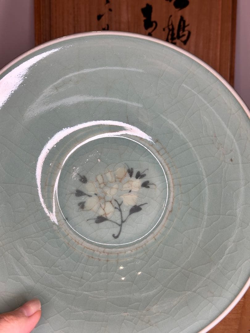 真葛香山造 青瓷 雲鶴文 菓子器 共箱付 茶道具 作家物 名工