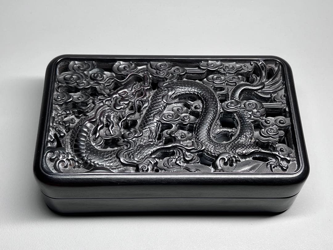 木製　小物入れ　香炉？　硯箱　巻雲龍紋　透彫　極細工　文房具　中国美術　唐木黑檀