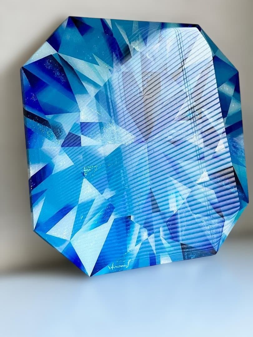 絵画　ハンドメイド　レジンコート　創作一点物　クールダウン　青色　八角形