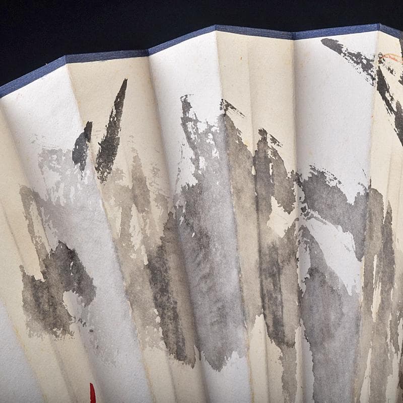 中国　雲溪竹人刻親骨　水墨画　漢詩花図　扇子　M　R8853